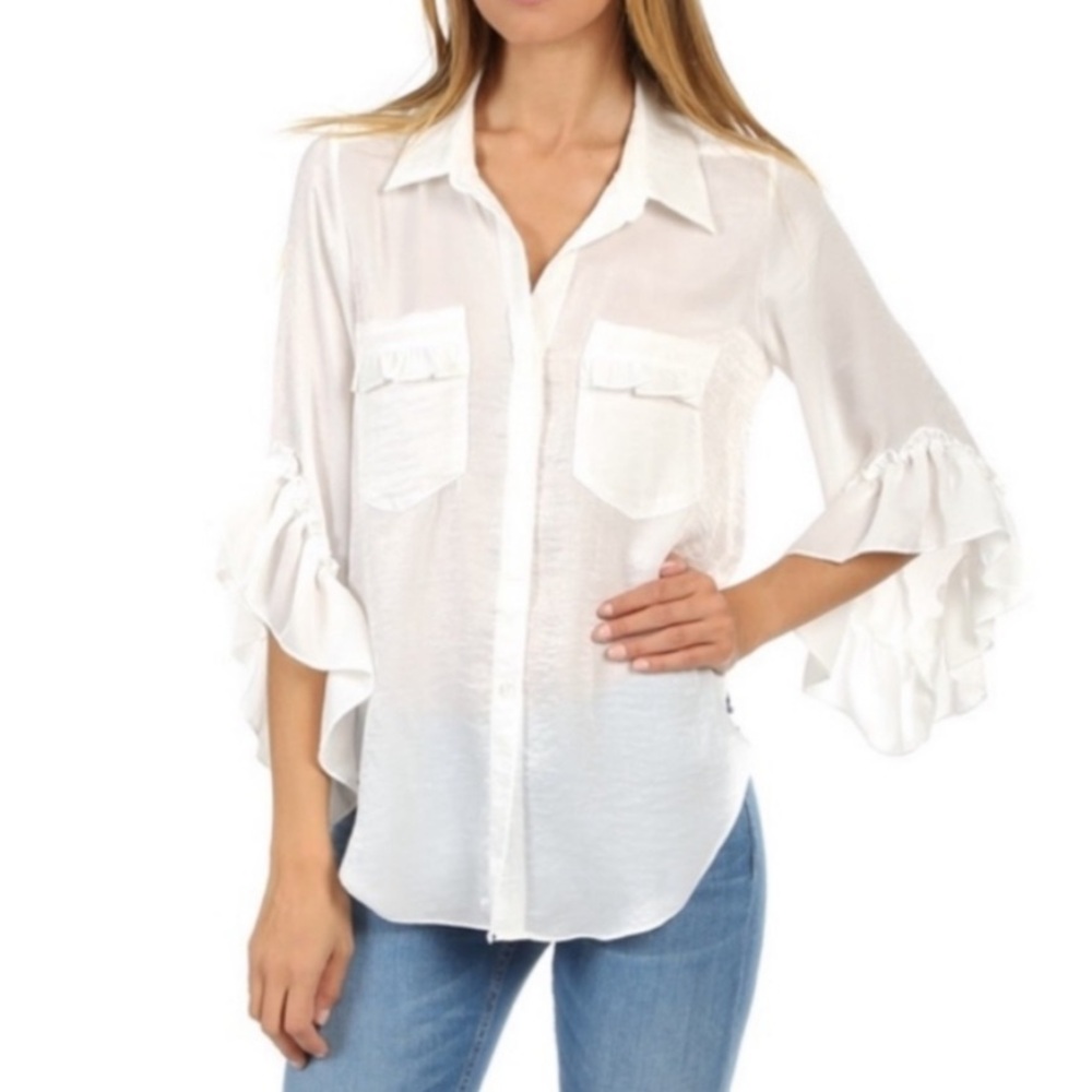 MISA Los Angeles Maryn Top in White Sz XS Ruffle Romantic Button Down